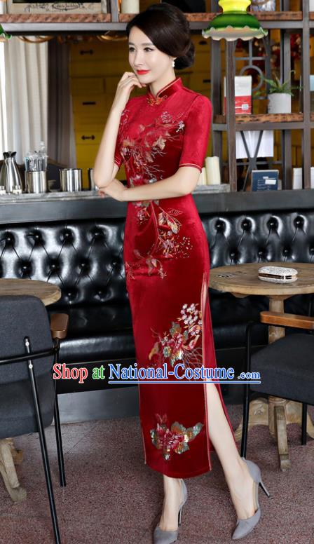 Top Grade Chinese Traditional Qipao Dress National Costume Red Velvet Mandarin Cheongsam for Women