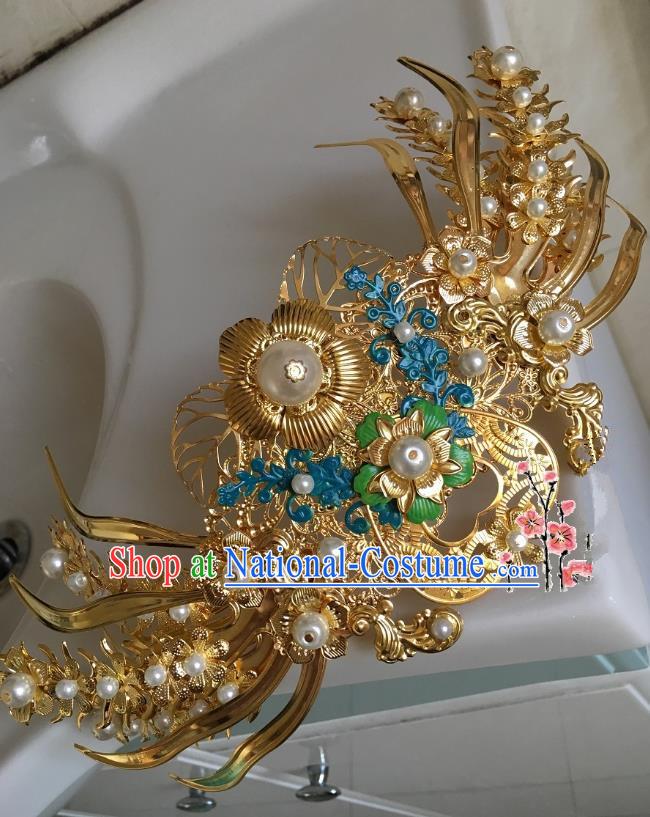 Traditional Chinese Ancient Queen Hair Accessories Golden Phoenix Coronet Hairpins for Women