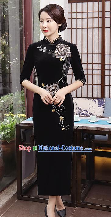 Top Grade Chinese Traditional Qipao Dress National Costume Black Velvet Mandarin Cheongsam for Women