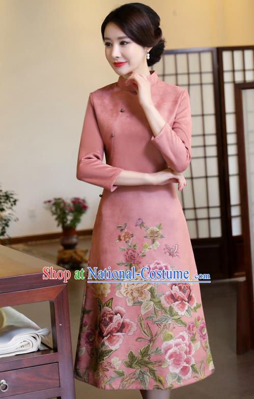 Top Grade Chinese Traditional Printing Qipao Dress National Costume Pink Suede Fabric Mandarin Cheongsam for Women