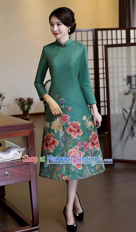 Top Grade Chinese Traditional Printing Qipao Dress National Costume Green Suede Fabric Mandarin Cheongsam for Women