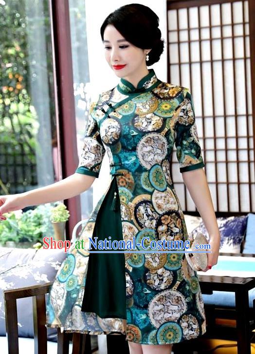 Top Grade Chinese Green Watered Gauze Qipao Dress National Costume Traditional Mandarin Cheongsam for Women