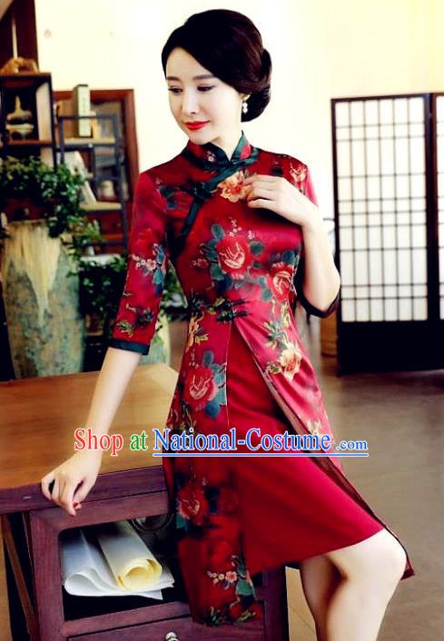 Top Grade Chinese Red Watered Gauze Qipao Dress National Costume Traditional Mandarin Cheongsam for Women