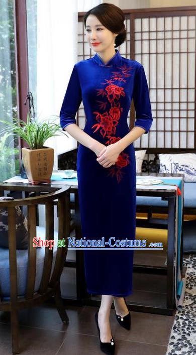 Top Grade Chinese Embroidered Qipao Dress National Costume Traditional Blue Velvet Mandarin Cheongsam for Women