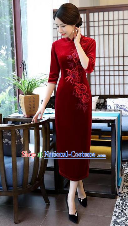 Top Grade Chinese Embroidered Qipao Dress National Costume Traditional Red Velvet Mandarin Cheongsam for Women