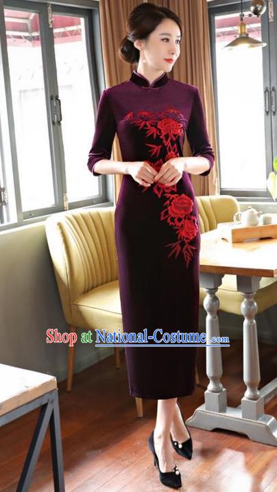 Top Grade Chinese Embroidered Qipao Dress National Costume Traditional Purple Velvet Mandarin Cheongsam for Women