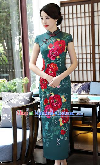 Top Grade Chinese Printing Green Silk Qipao Dress National Costume Traditional Mandarin Cheongsam for Women