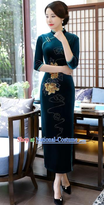 Top Grade Chinese Atrovirens Velvet Qipao Dress National Costume Traditional Mandarin Cheongsam for Women