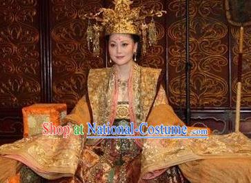 Traditional Chinese Ancient Tang Dynasty Queen Wu Zetian Embroidered Replica Costume and Headpiece Complete Set for Women