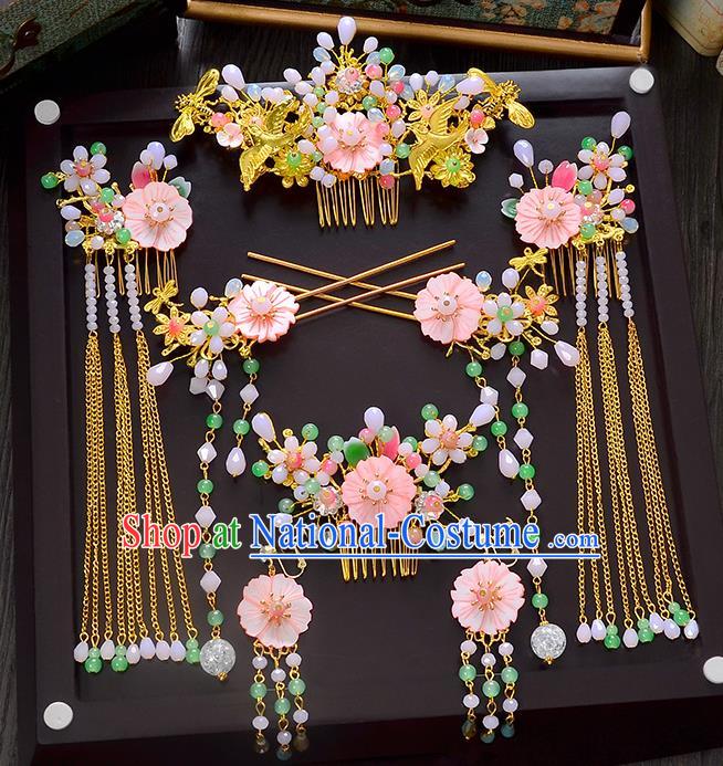 Traditional Chinese Ancient Bride Hair Accessories Xiuhe Suit Hairpins Pink Flowers Hair Comb Complete Set for Women