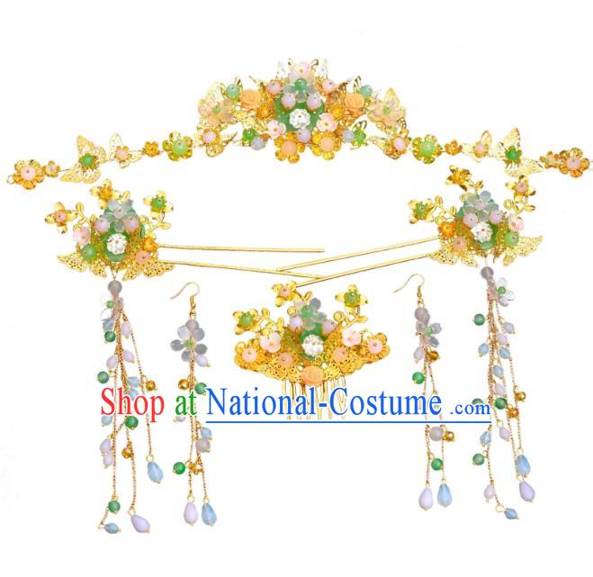 Traditional Chinese Ancient Bride Hair Accessories Xiuhe Suit Hairpins Golden Hair Clasp Complete Set for Women