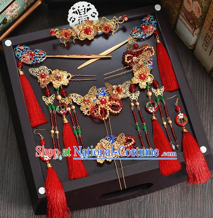 Traditional Chinese Ancient Bride Hair Accessories Xiuhe Suit Jade Phoenix Coronet Hairpins Complete Set for Women