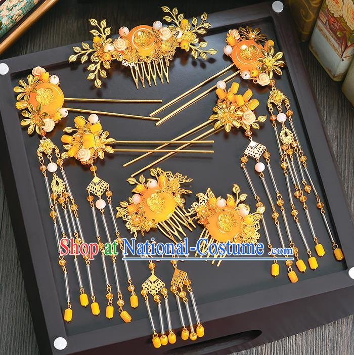 Traditional Chinese Ancient Bride Hair Accessories Xiuhe Suit Yellow Phoenix Coronet Hairpins Complete Set for Women