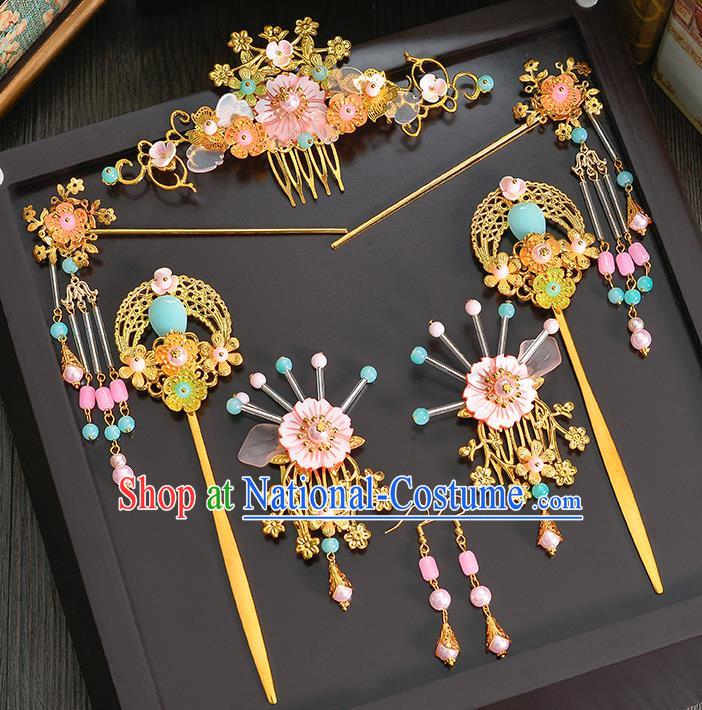 Traditional Chinese Ancient Bride Hair Accessories Xiuhe Suit Golden Phoenix Coronet Hairpins Complete Set for Women