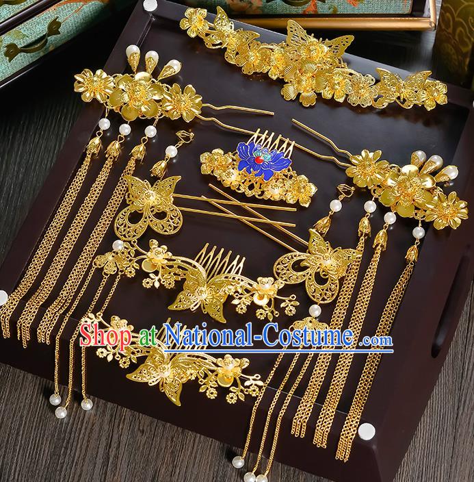 Traditional Chinese Ancient Bride Hair Accessories Xiuhe Suit Golden Butterfly Phoenix Coronet Hairpins Complete Set for Women