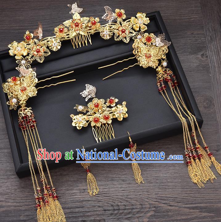 Traditional Chinese Ancient Bride Hair Accessories Xiuhe Suit Golden Flowers Tassel Step Shake Hairpins Complete Set for Women