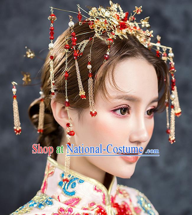 Traditional Chinese Ancient Bride Hair Accessories Xiuhe Suit Wedding Tassel Step Shake Hairpins Complete Set for Women