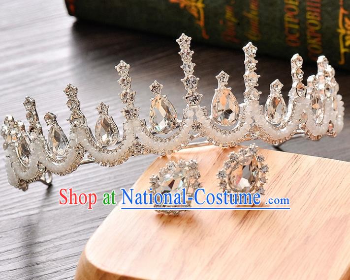 Handmade Bride Wedding Hair Accessories Baroque Crystal Royal Crown and Earrings for Women