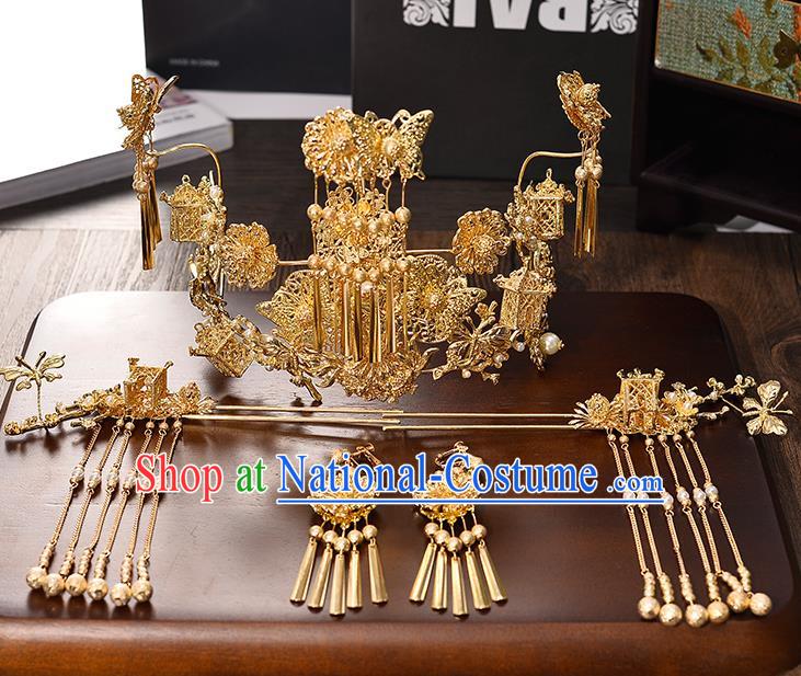 Traditional Chinese Ancient Hair Accessories Xiuhe Suit Bride Phoenix Coronet Hairpins Complete Set for Women