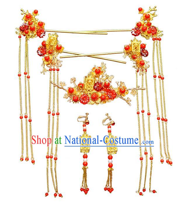 Traditional Chinese Ancient Hair Accessories Xiuhe Suit Bride Phoenix Coronet Red Beads Tassel Hairpins Complete Set for Women