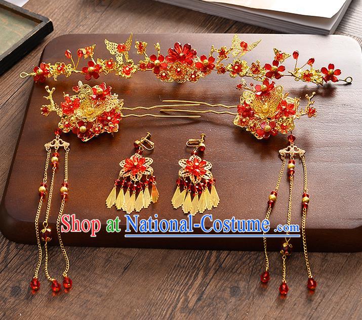 Traditional Chinese Ancient Hair Accessories Xiuhe Suit Bride Phoenix Coronet Red Crystal Hairpins Complete Set for Women