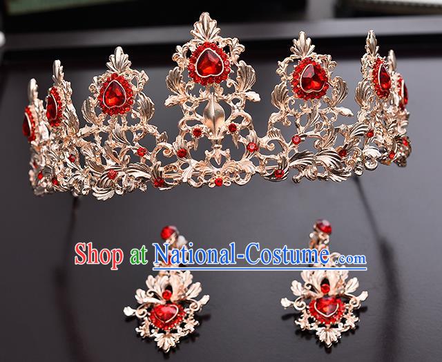 Handmade Bride Wedding Hair Accessories Red Crystal Royal Crown and Earrings for Women