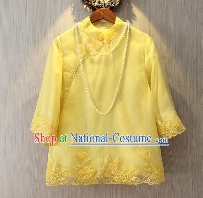 Chinese Traditional National Cheongsam Blouse Tangsuit Stand Collar Yellow Embroidered Shirts for Women