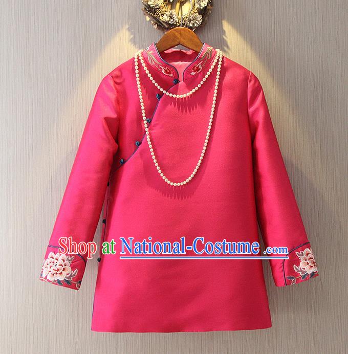 Chinese Traditional National Cheongsam Rosy Blouse Tangsuit Stand Collar Embroidered Shirts for Women