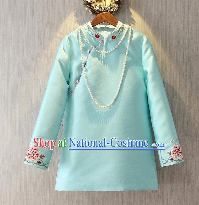 Chinese Traditional National Cheongsam Blue Blouse Tangsuit Stand Collar Embroidered Shirts for Women