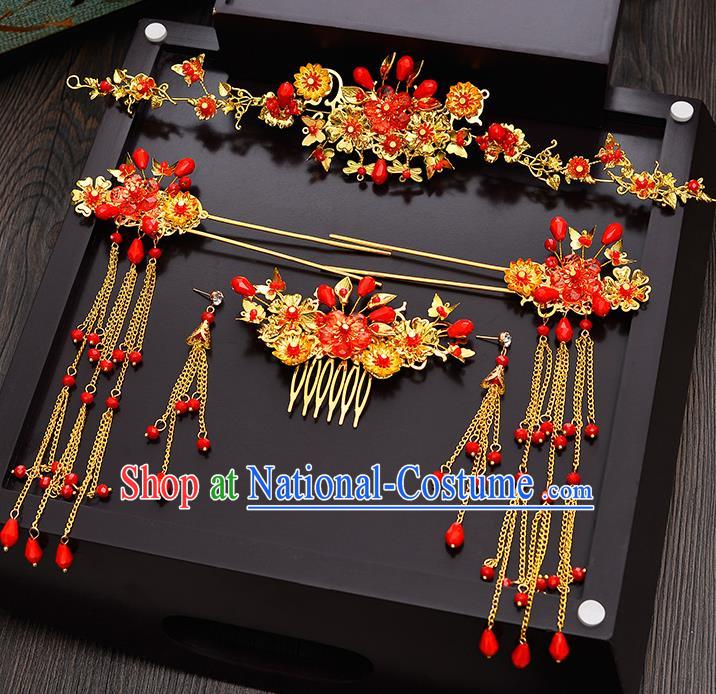 Traditional Chinese Ancient Bride Hair Accessories Xiuhe Suit Hairpins Tassel Step Shake Complete Set for Women