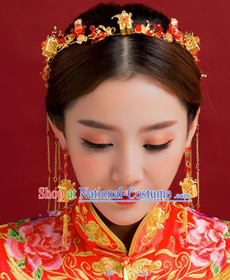 Traditional Chinese Ancient Bride Hair Accessories Xiuhe Suit Hairpins Tassel Hair Clasp Complete Set for Women