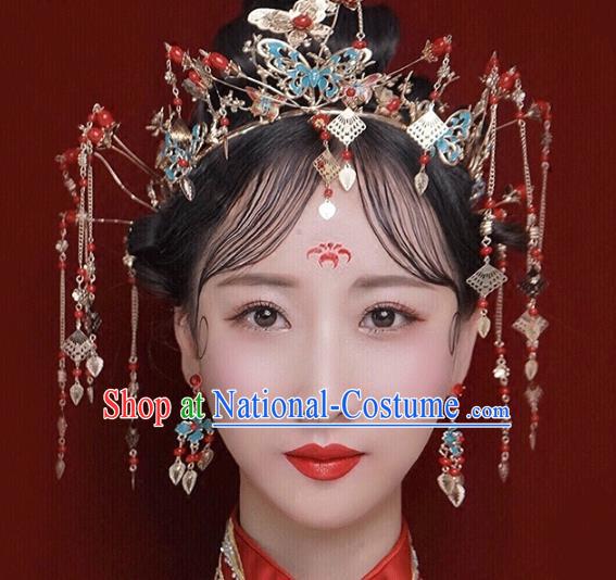 Traditional Chinese Ancient Bride Hair Accessories Xiuhe Suit Hairpins Golden Tassel Phoenix Coronet for Women