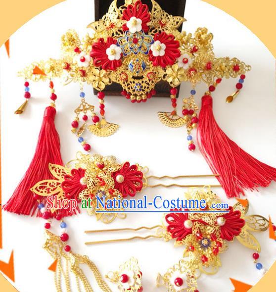 Traditional Chinese Ancient Wedding Hair Accessories Xiuhe Suit Hairpins Tassel Phoenix Coronet for Women