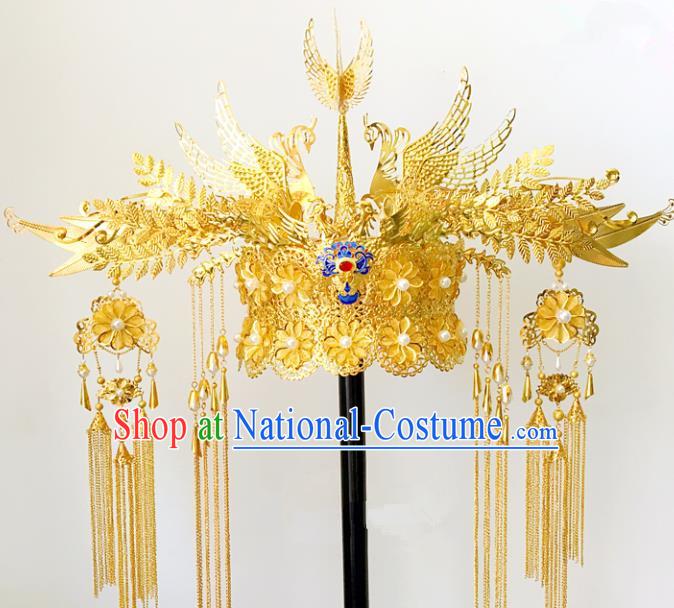 Traditional Chinese Ancient Wedding Hair Accessories Hairpins Tassel Golden Phoenix Coronet for Women