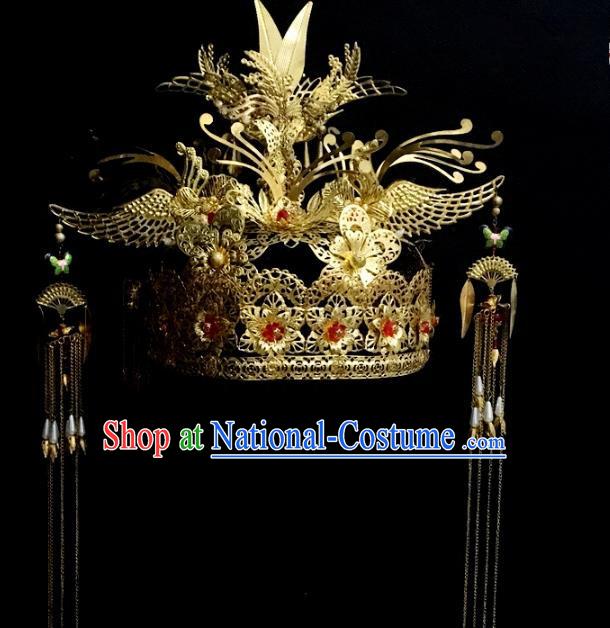 Traditional Chinese Ancient Wedding Hair Accessories Hairpins Golden Phoenix Coronet for Women