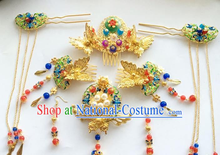 Traditional Chinese Ancient Wedding Phoenix Coronet Hair Accessories Jade Hairpins Complete Set for Women