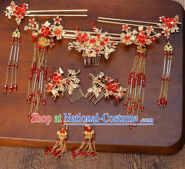 Traditional Chinese Ancient Bride Hair Accessories Xiuhe Suit Red Tassel Hairpins Complete Set for Women