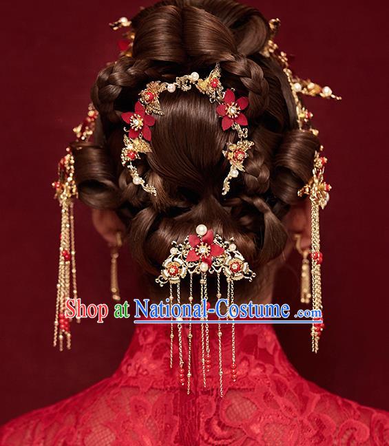 Traditional Chinese Ancient Bride Hair Accessories Xiuhe Suit Red Flowers Hairpins Complete Set for Women