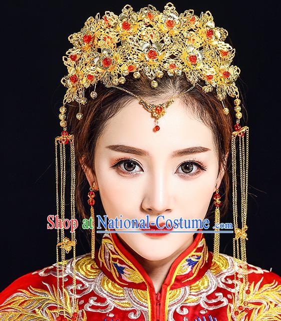 Traditional Chinese Ancient Bride Hair Accessories Xiuhe Suit Golden Phoenix Coronet Hairpins Complete Set for Women