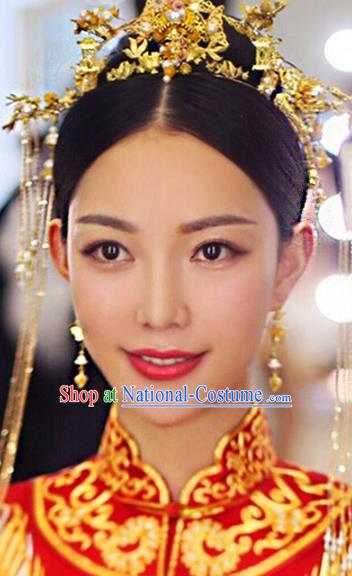 Traditional Chinese Ancient Bride Hair Accessories Xiuhe Suit Golden Phoenix Coronet Hairpins Complete Set for Women