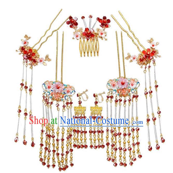 Traditional Chinese Ancient Bride Hair Accessories Xiuhe Suit Tassel Step Shake Hairpins Complete Set for Women