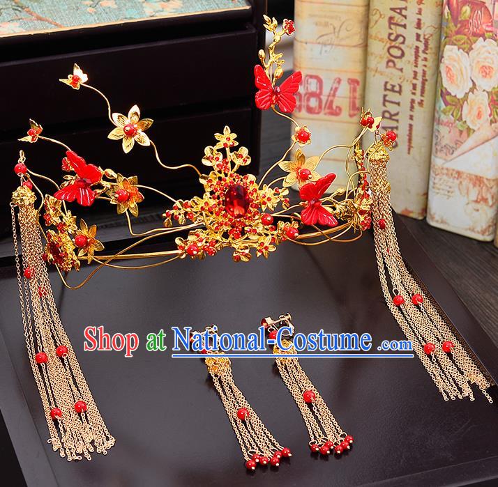 Traditional Chinese Ancient Bride Hair Accessories Xiuhe Suit Wedding Red Butterfly Phoenix Coronet Hairpins for Women