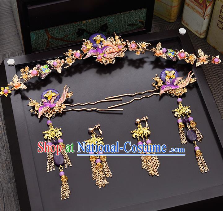 Traditional Chinese Ancient Bride Hair Accessories Xiuhe Suit Purple Phoenix Coronet Hairpins for Women