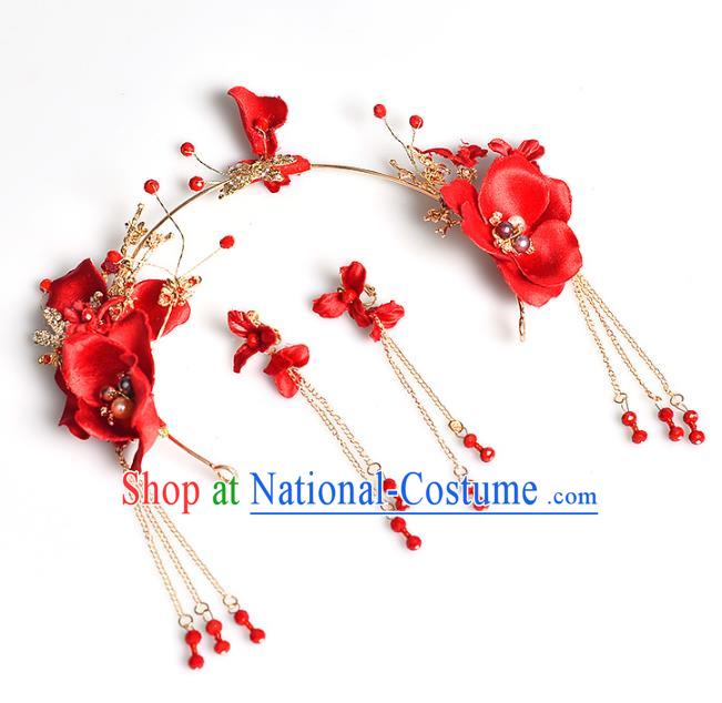 Handmade Bride Wedding Hair Accessories Red Flowers Hair Clasp and Earrings for Women