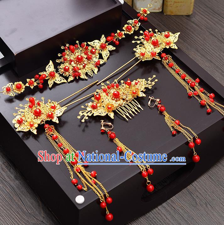 Traditional Chinese Ancient Bride Hair Accessories Xiuhe Suit Hairpins Red Beads Phoenix Coronet Complete Set for Women