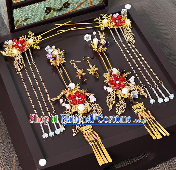 Traditional Chinese Ancient Bride Hair Accessories Xiuhe Suit Tassel Step Shake Hairpins Complete Set for Women