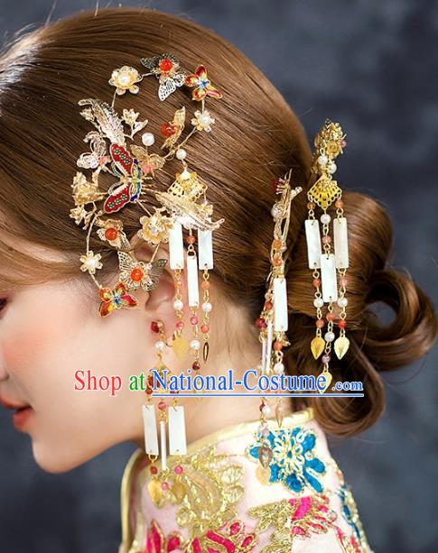 Traditional Chinese Ancient Bride Hair Accessories Xiuhe Suit Butterfly Hairpins Complete Set for Women