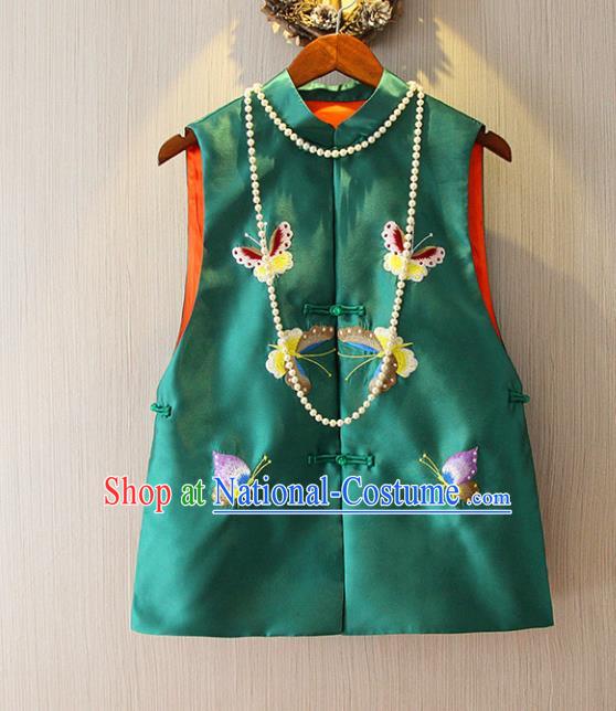 Chinese Traditional National Cheongsam Vest Tangsuit Embroidered Butterfly Green Waistcoat for Women