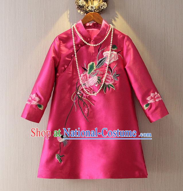 Chinese Traditional National Cheongsam Tangsuit Stand Collar Embroidered Rosy Qipao Dress for Women