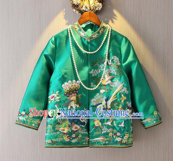 Chinese Traditional National Green Cheongsam Jacket Tangsuit Stand Collar Embroidered Coats for Women